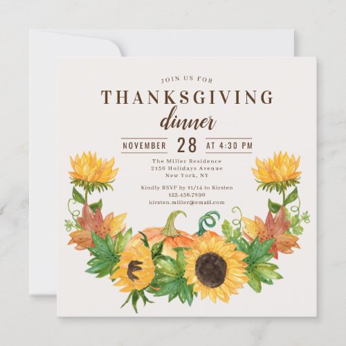 Thanksgiving Dinner Rustic Sunflower Pumpkin Invitation