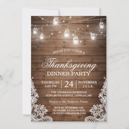 Thanksgiving Dinner Rustic Wood String Lights Lace Invitation