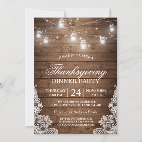 Thanksgiving Dinner Rustic Wood String Lights Lace Card