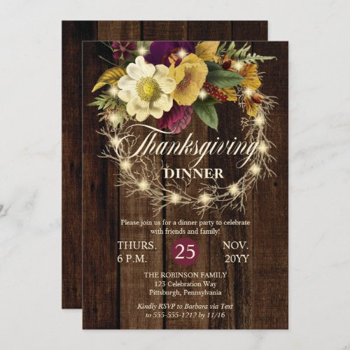 Thanksgiving Dinner _Rustic Woodsy Lighted Wreath  Invitation