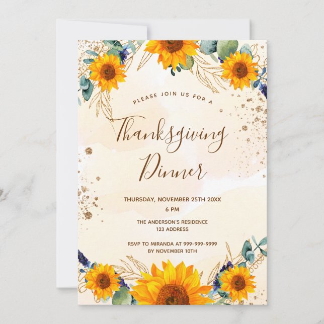 Thanksgiving dinner sunflowers eucalyptus fall invitation (Front)
