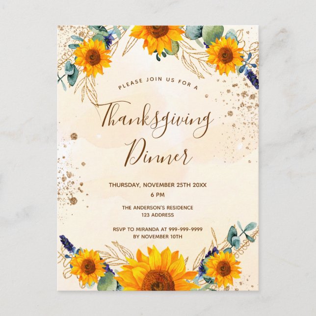 Thanksgiving dinner sunflowers eucalyptus fall invitation postcard (Front)
