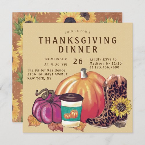 Thanksgiving Dinner Sunflowers Pumpkin Boots Invitation