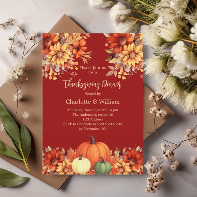 Thanksgiving dinner terracotta flowers pumpkin invitation (Creator Uploaded)