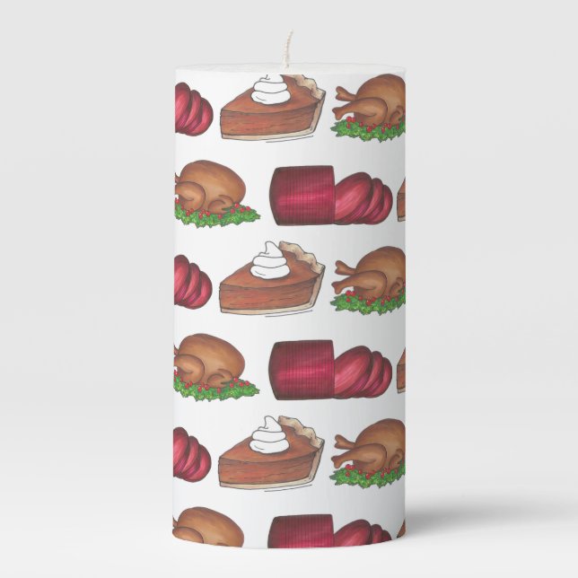 Thanksgiving Dinner Turkey Cranberry Pumpkin Pie Pillar Candle (Front)