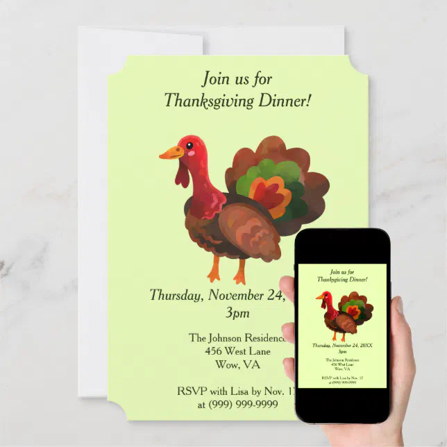 Thanksgiving Dinner Turkey Invitation | Zazzle