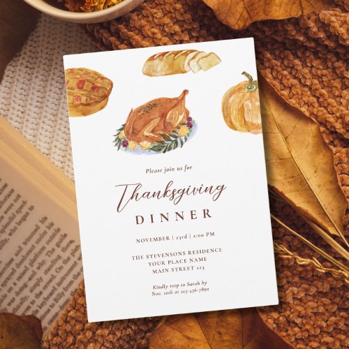 Thanksgiving Dinner Turkey  Pie Watercolor Rustic Invitation