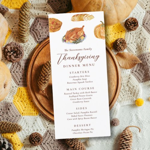 Thanksgiving Dinner Turkey  Pie Watercolor Rustic Menu