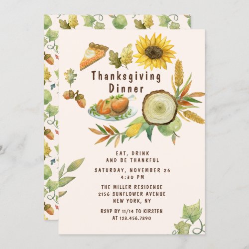 Thanksgiving Dinner Turkey Pumpkin Pie Sunflowers Invitation