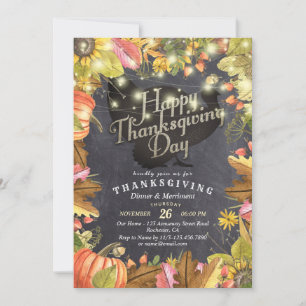 Thanksgiving Dinner Turkey Pumpkins & Fall Leaves Invitation