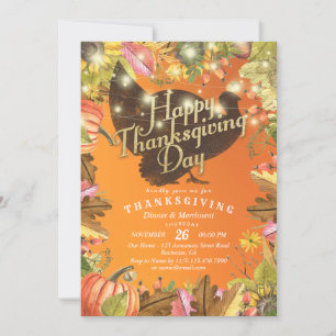 Thanksgiving Dinner Turkey Pumpkins & Fall Leaves Invitation