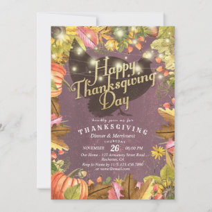 Thanksgiving Dinner Turkey Pumpkins & Fall Leaves Invitation