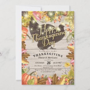 Thanksgiving Dinner Turkey Pumpkins & Fall Leaves Invitation