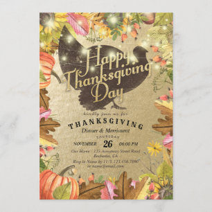 Thanksgiving Dinner Turkey Pumpkins & Fall Leaves Invitation