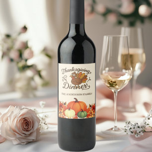 Thanksgiving dinner turkey pumpkins wine label