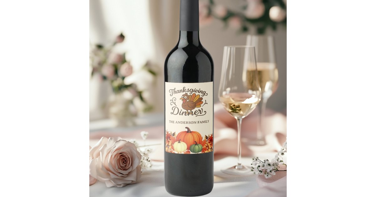 Thanksgiving dinner turkey pumpkins wine label | Zazzle