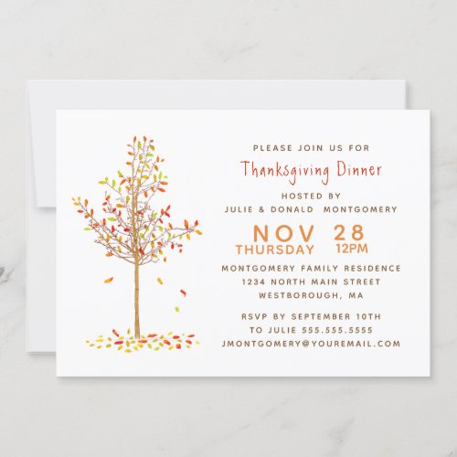 Thanksgiving Dinner Watercolor Autumn Tree Leaves Invitation
