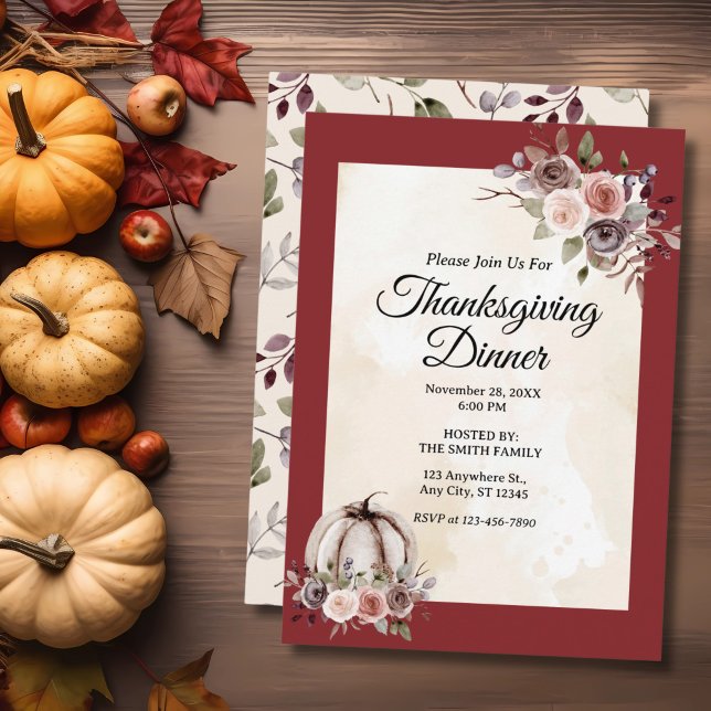 Thanksgiving Dinner Watercolor Burgundy Roses Invitation (Creator Uploaded)