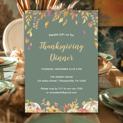 Thanksgiving Dinner Watercolor Fall Sage Invitation