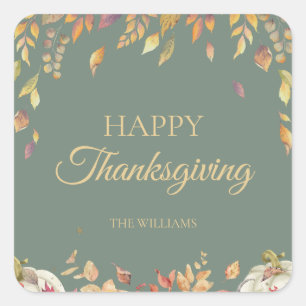 Thanksgiving Dinner Watercolor Fall Sage Square Sticker