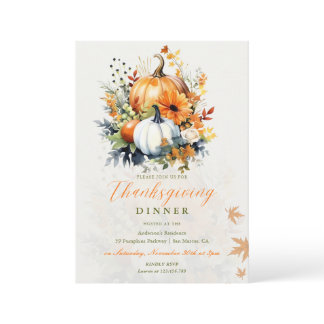 Thanksgiving Dinner Watercolor Floral Pumpkins  Invitation