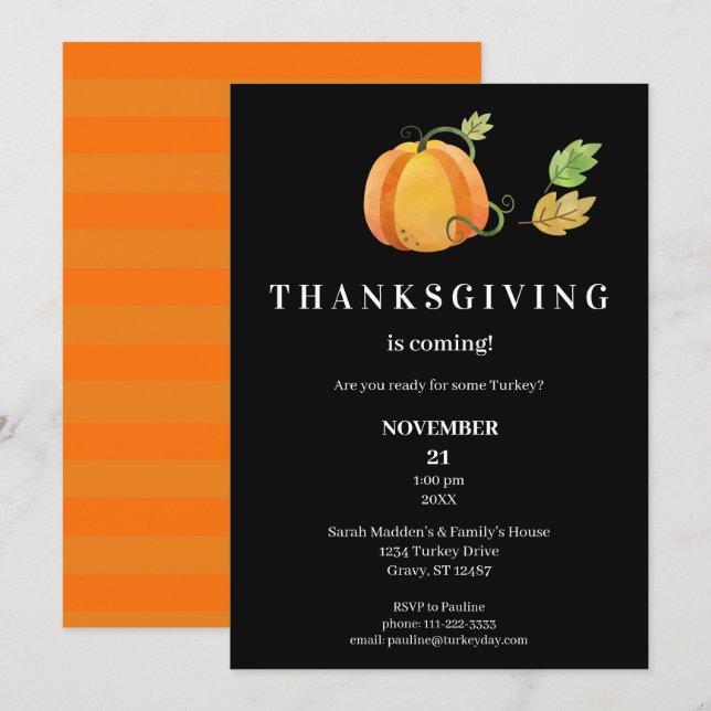 Thanksgiving Dinner Watercolor Pumpkin- Black2 Invitation (Front/Back)