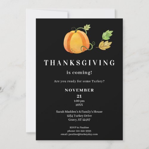 Thanksgiving Dinner Watercolor Pumpkin_ Black Invitation
