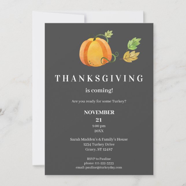 Thanksgiving Dinner Watercolor Pumpkin- Dark Gray Invitation (Front)