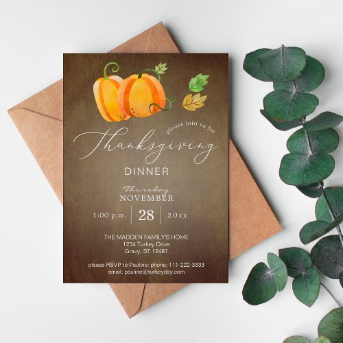 Thanksgiving Dinner Watercolor Pumpkin Duo Gold Invitation