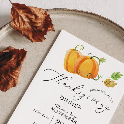 Thanksgiving Dinner Watercolor Pumpkin Duo Invitation