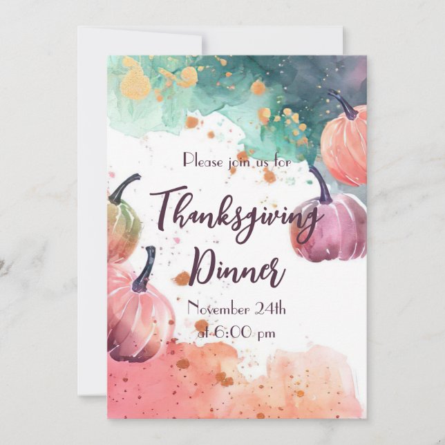 Thanksgiving Dinner Watercolor Pumpkin Invitation (Front)