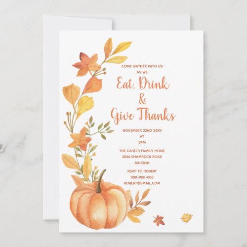 Thanksgiving Dinner Watercolor Pumpkin Invitation