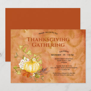 Thanksgiving Dinner Watercolor Pumpkin Leaves Invitation