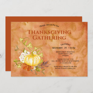 Thanksgiving Dinner Watercolor Pumpkin Leaves Invitation