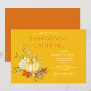 Thanksgiving Dinner Watercolor Pumpkin Leaves Invitation