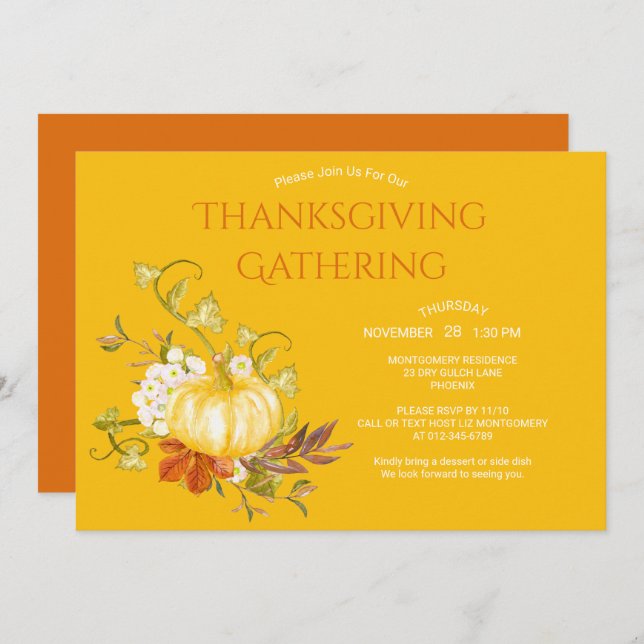 Thanksgiving Dinner Watercolor Pumpkin Leaves Invitation (Front/Back)