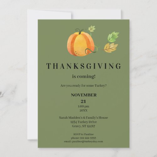 Thanksgiving Dinner Watercolor Pumpkin_ Olive Invitation