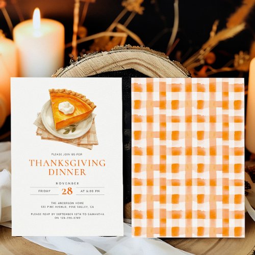 Thanksgiving Dinner Watercolor Pumpkin Pie  Plaid Invitation