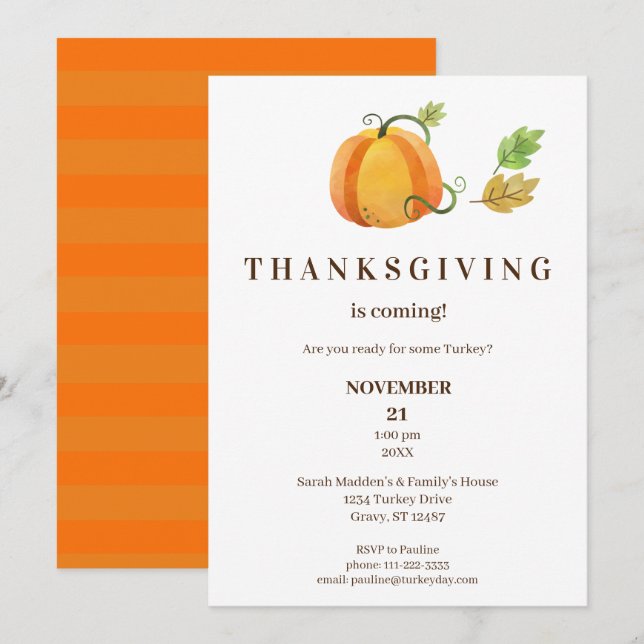 Thanksgiving Dinner Watercolor Pumpkin- White-Br Invitation (Front/Back)