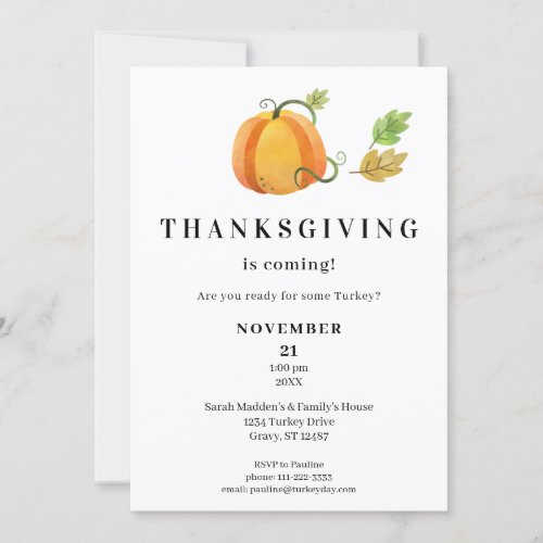 Thanksgiving Dinner Watercolor Pumpkin_ White Invitation