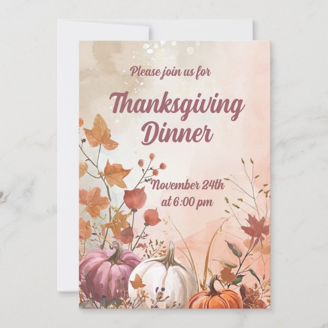 Thanksgiving Dinner Watercolor Pumpkins Invitation (Front)