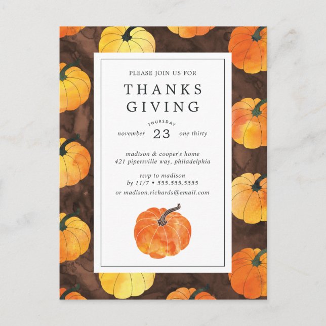 Thanksgiving Dinner | Watercolor Pumpkins Postcard (Front)