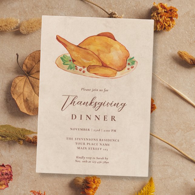 Thanksgiving Dinner Watercolor Turkey Fall Rustic Invitation (Creator Uploaded)