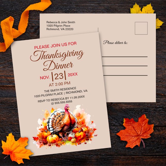 Thanksgiving Dinner Watercolor Turkey Invitation (Creator Uploaded)