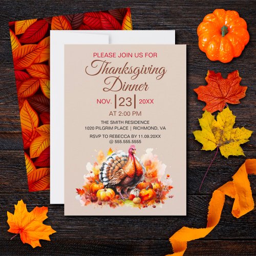 Thanksgiving Dinner Watercolor Turkey Pumpkin  Invitation
