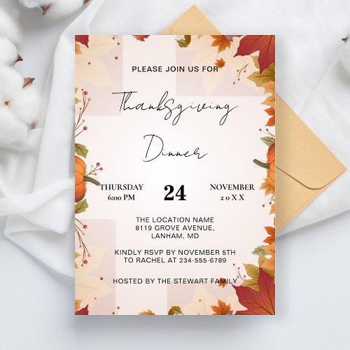 Thanksgiving Dinner Welcome Family Turkey Autumn Invitation