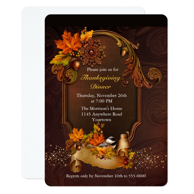 Thanksgiving Dinner With Autumn Leaves Card