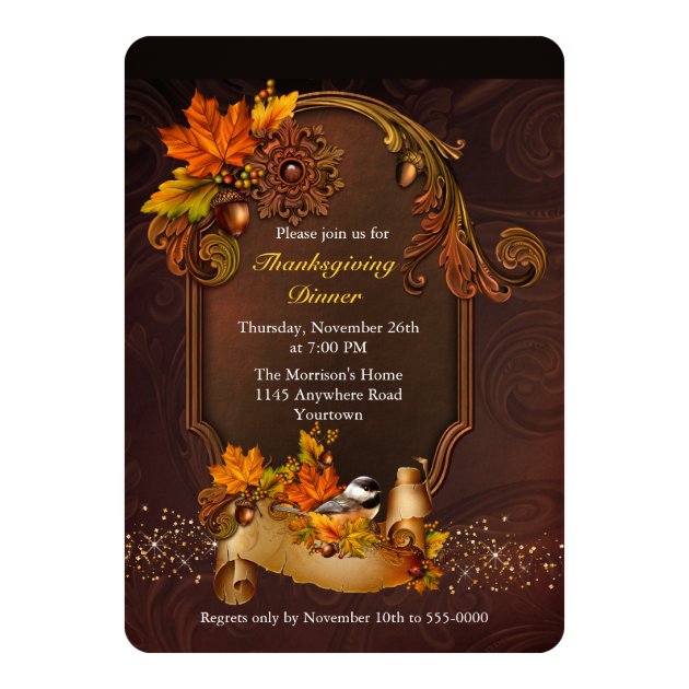 Thanksgiving Dinner With Autumn Leaves Card