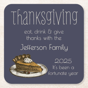 Thanksgiving Dinner with Pie Illustration Square Paper Coaster