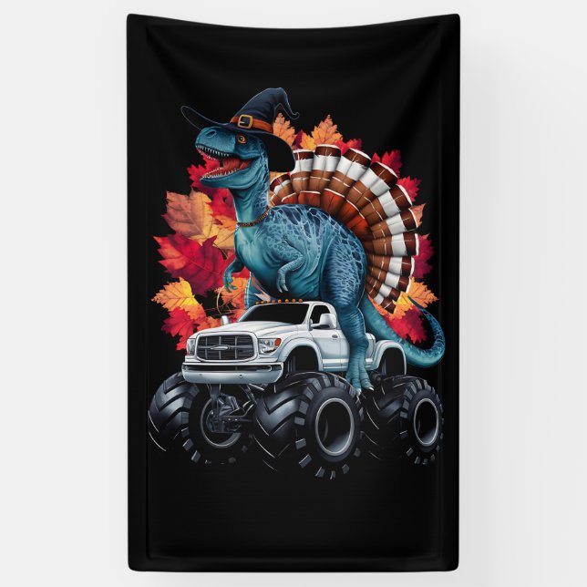 Thanksgiving Dinosaur T-Rex Monster Truck Banner (Vertical)